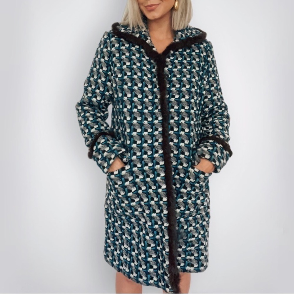 VINTAGE | Peacock Tweed Wool Rabbit Fur Trim Long Line Warm Collared Coat​​